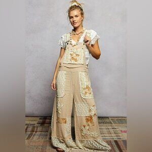 POL “ Heirloom Thread “ Cotton Overalls With Patchwork & Lace | Natural
